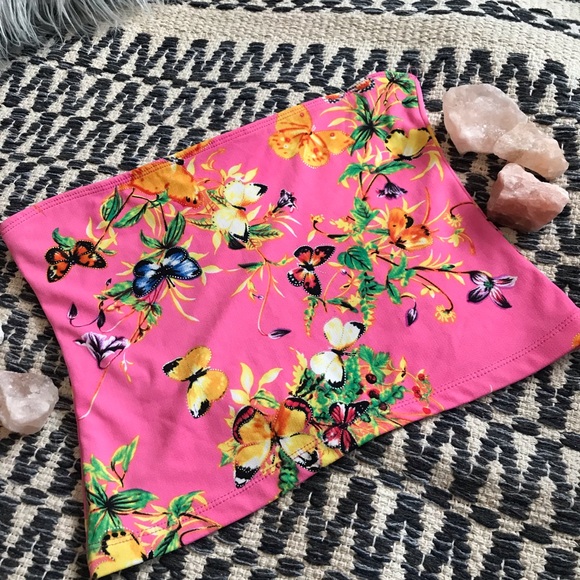 Vintage Late 1980’s le Chateau Pink Floral Butterfly Printed Bandeau Top Size S - Picture 1 of 7